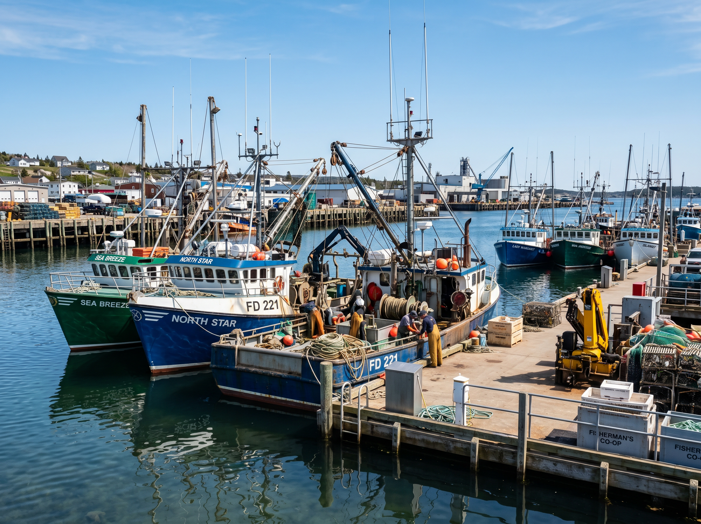 Commercial boats docked at marina