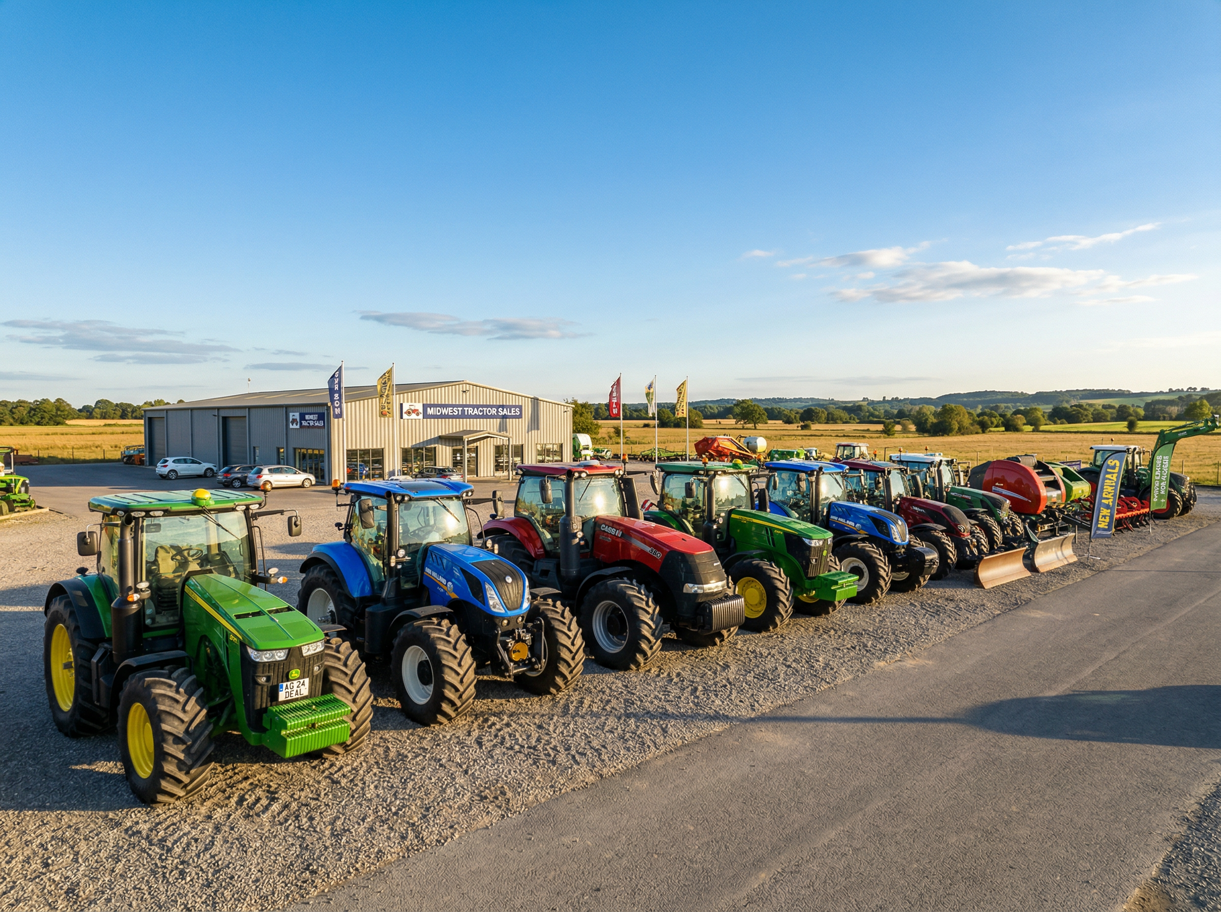 Row of agricultural tractors on dealer lot